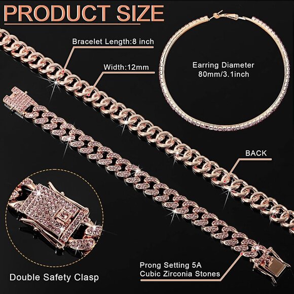 Cuban Link Chain Zinc Alloy Rhinestone Jewelry Set Necklace Bracelet Earrings Wo - Picture 2 of 6